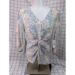 89th + Madison ~ Floral‎ Puff Sleeve/Twist Front ~ Medium ~ NWT ~ Blue/Peach